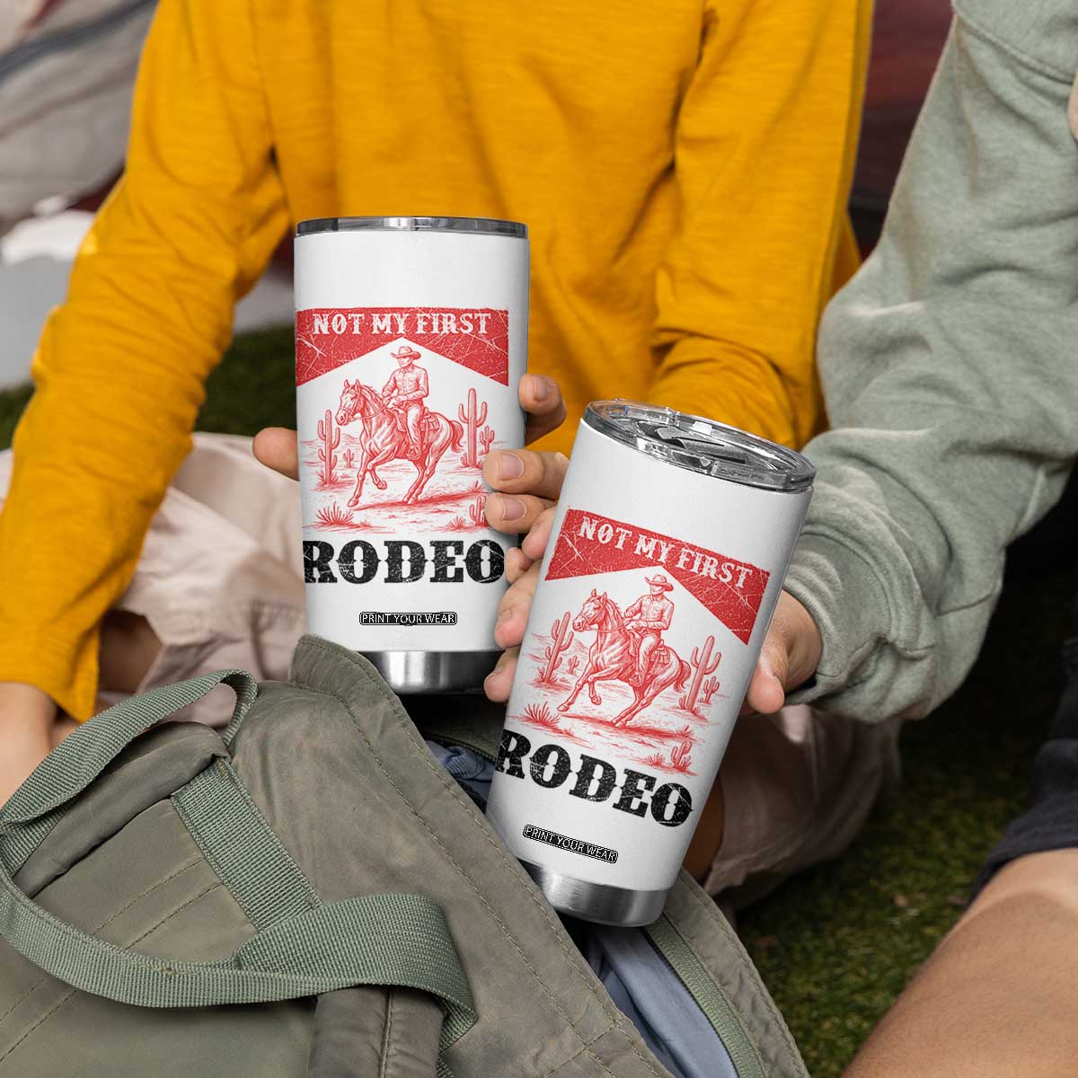 Not My First Rodeo Vintage Cowboy Graphic Tumbler Cup Retro Western Desert Scene with Horse and Cactus TS02 Print Your Wear