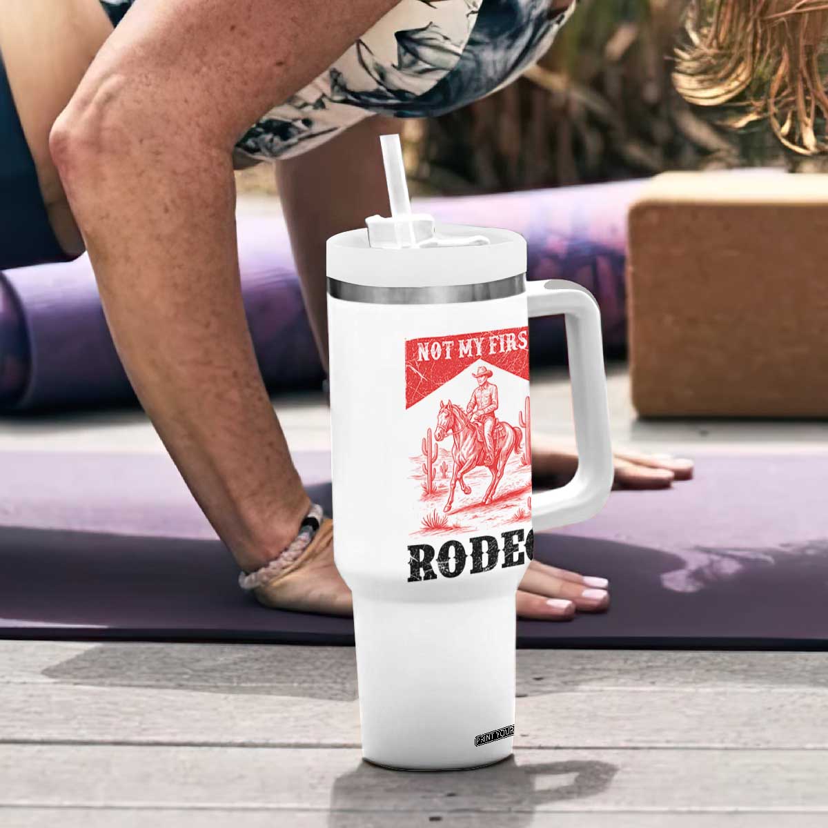Not My First Rodeo Vintage Cowboy Graphic Tumbler With Handle Retro Western Desert Scene with Horse and Cactus TS02 Print Your Wear