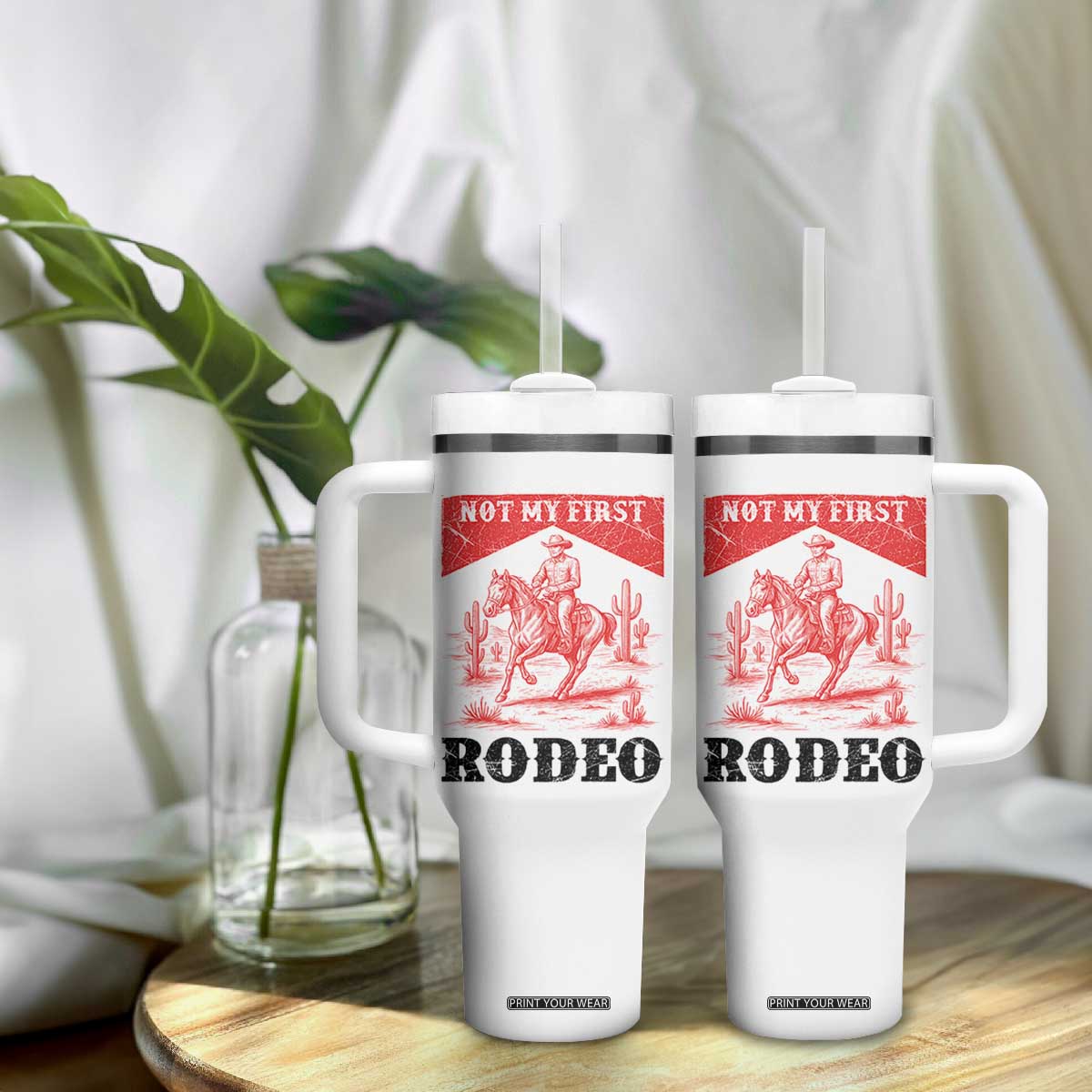 Not My First Rodeo Vintage Cowboy Graphic Tumbler With Handle Retro Western Desert Scene with Horse and Cactus TS02 Print Your Wear