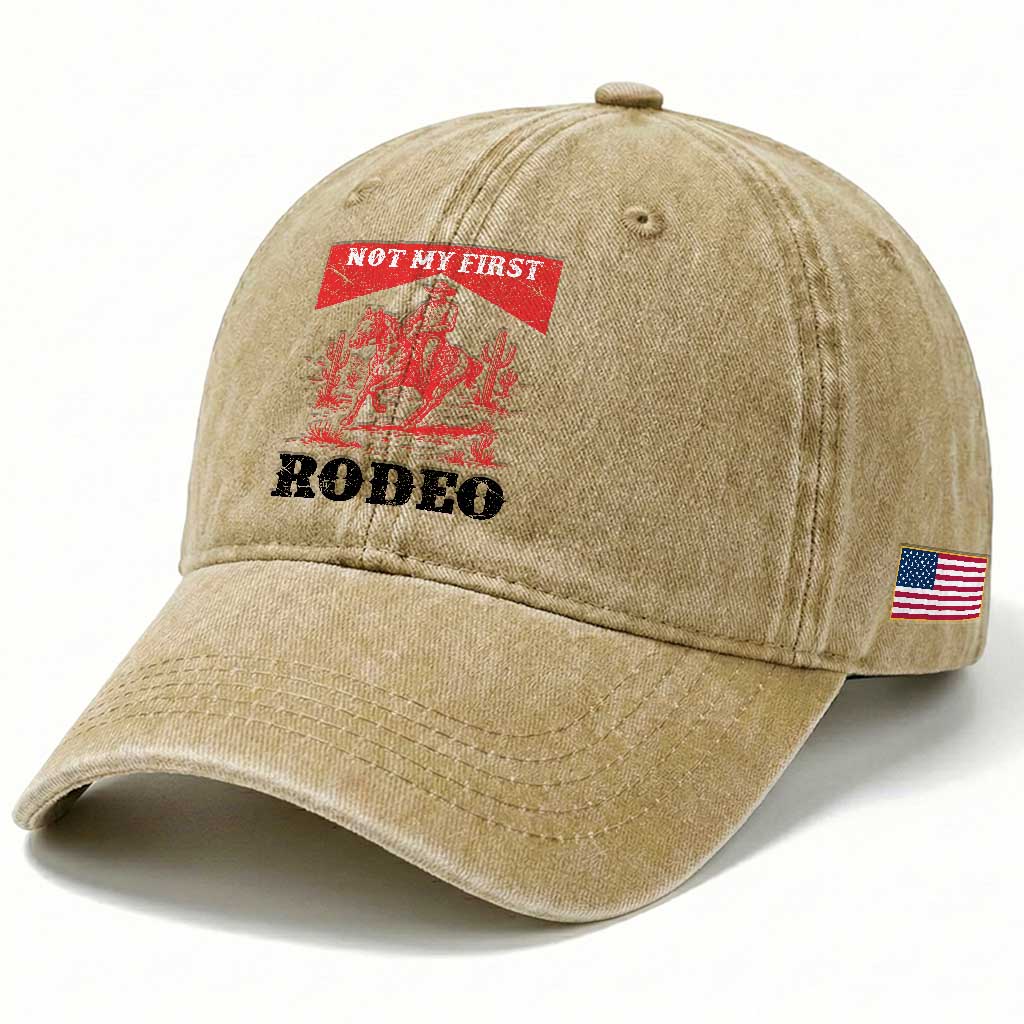 Not My First Rodeo Vintage Cowboy Graphic Washed Cotton Baseball Cap Retro Western Desert Scene with Horse and Cactus TS02 Print Your Wear