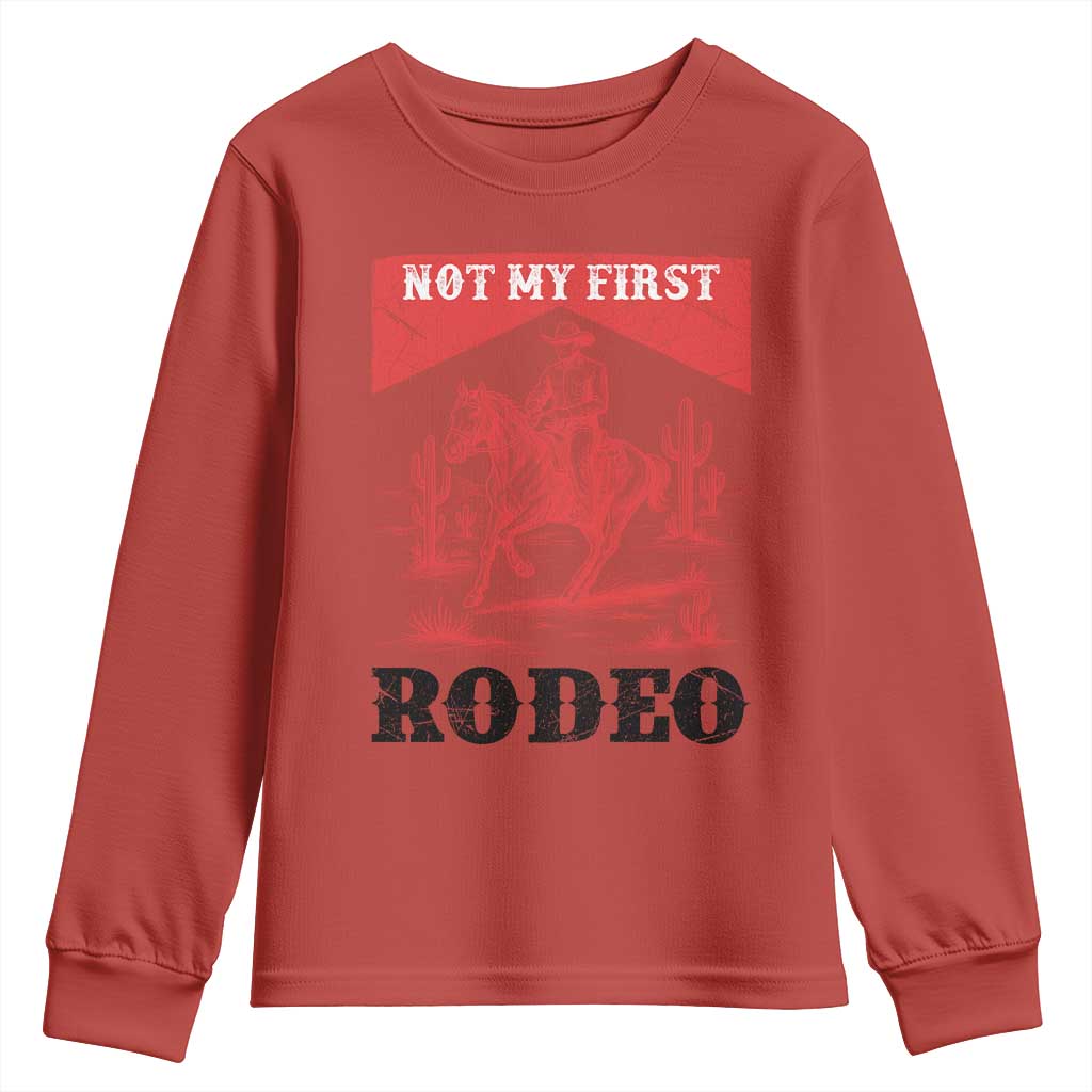 Not My First Rodeo Vintage Cowboy Graphic Youth Sweatshirt Retro Western Desert Scene with Horse and Cactus TS02 Red Print Your Wear