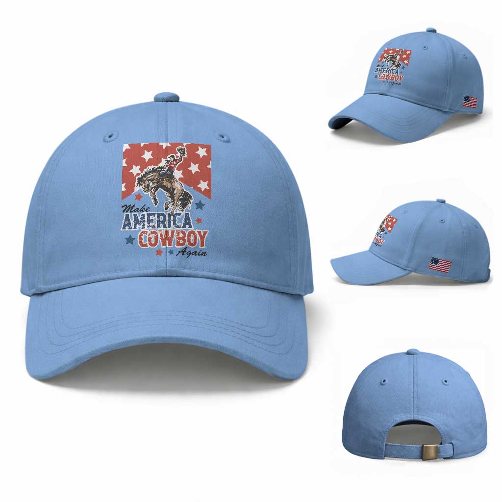 Make America Cowboy Again Patriotic Western Baseball Cap Bucking Bronco Star Spangled USA Flag Inspired Country TS02 Baseball Cap Universal Fit Light Blue Print Your Wear