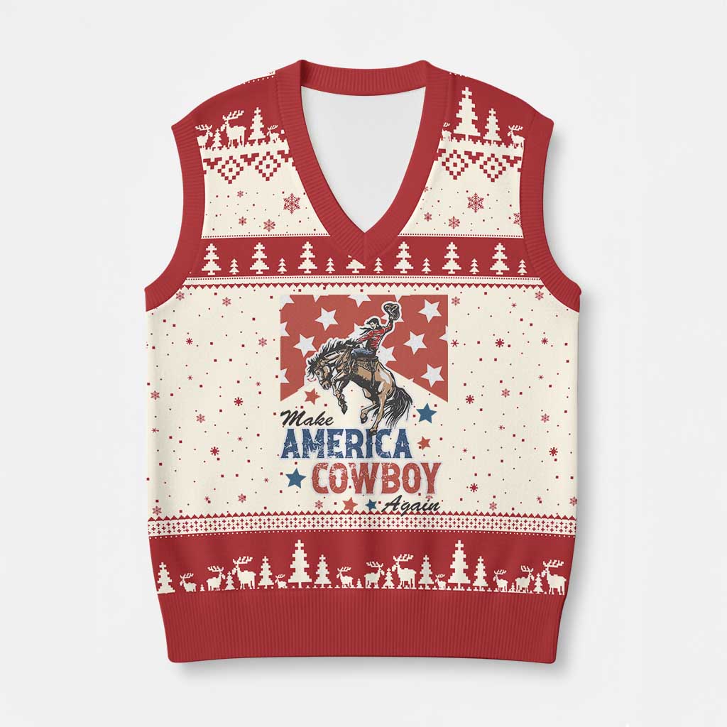 Make America Cowboy Again Patriotic Western V-Neck Knit Sweater Vest Bucking Bronco Star Spangled USA Flag Inspired Country TS02 Beige Red Print Your Wear