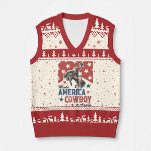 Make America Cowboy Again Patriotic Western V-Neck Knit Sweater Vest Bucking Bronco Star Spangled USA Flag Inspired Country TS02 Beige Red Print Your Wear