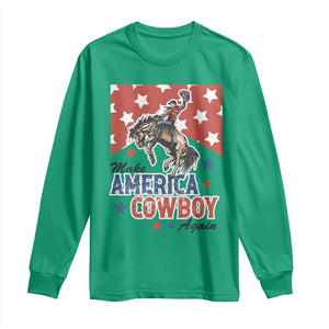 Make America Cowboy Again Patriotic Western Long Sleeve Shirt Bucking Bronco Star Spangled USA Flag Inspired Country TS02 Irish Green Print Your Wear