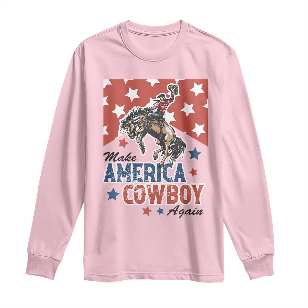 Make America Cowboy Again Patriotic Western Long Sleeve Shirt Bucking Bronco Star Spangled USA Flag Inspired Country TS02 Light Pink Print Your Wear