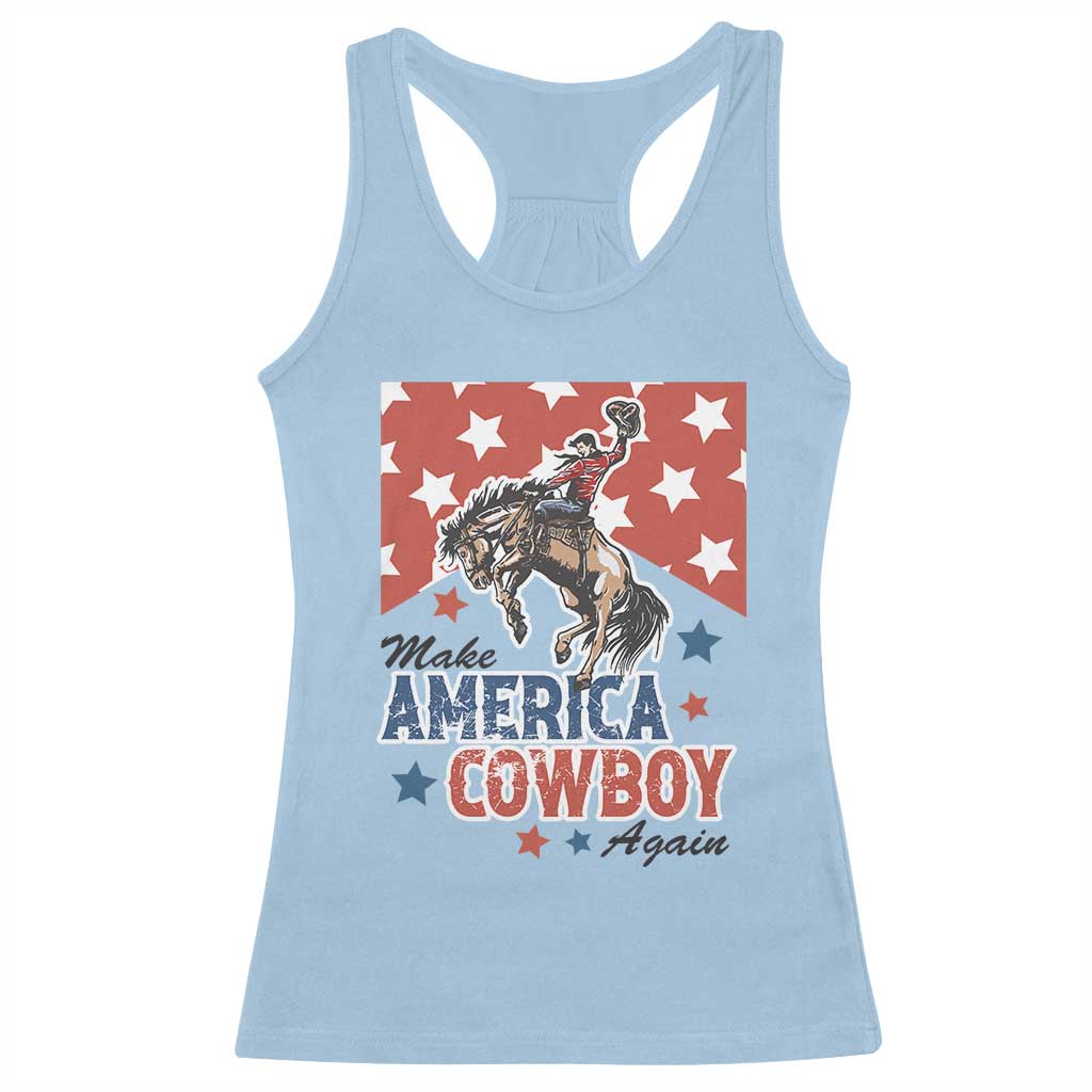 Make America Cowboy Again Patriotic Western Racerback Tank Top Bucking Bronco Star Spangled USA Flag Inspired Country TS02 Light Blue Print Your Wear