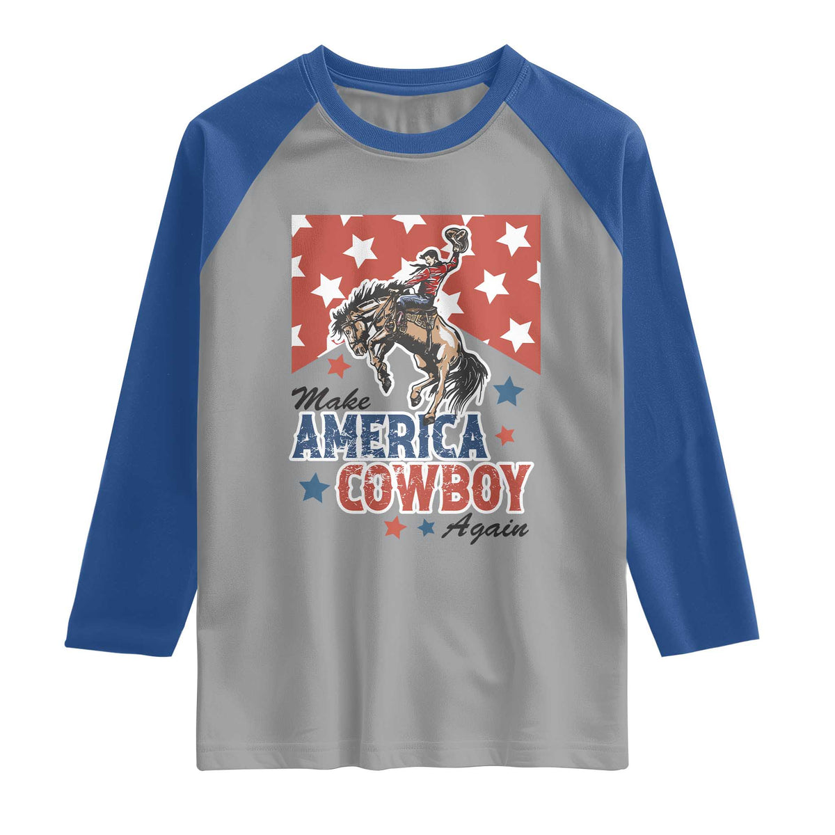 Make America Cowboy Again Patriotic Western Raglan Shirt Bucking Bronco Star Spangled USA Flag Inspired Country TS02 Sport Gray Royal Print Your Wear