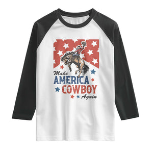 Make America Cowboy Again Patriotic Western Raglan Shirt Bucking Bronco Star Spangled USA Flag Inspired Country TS02 White Black Print Your Wear