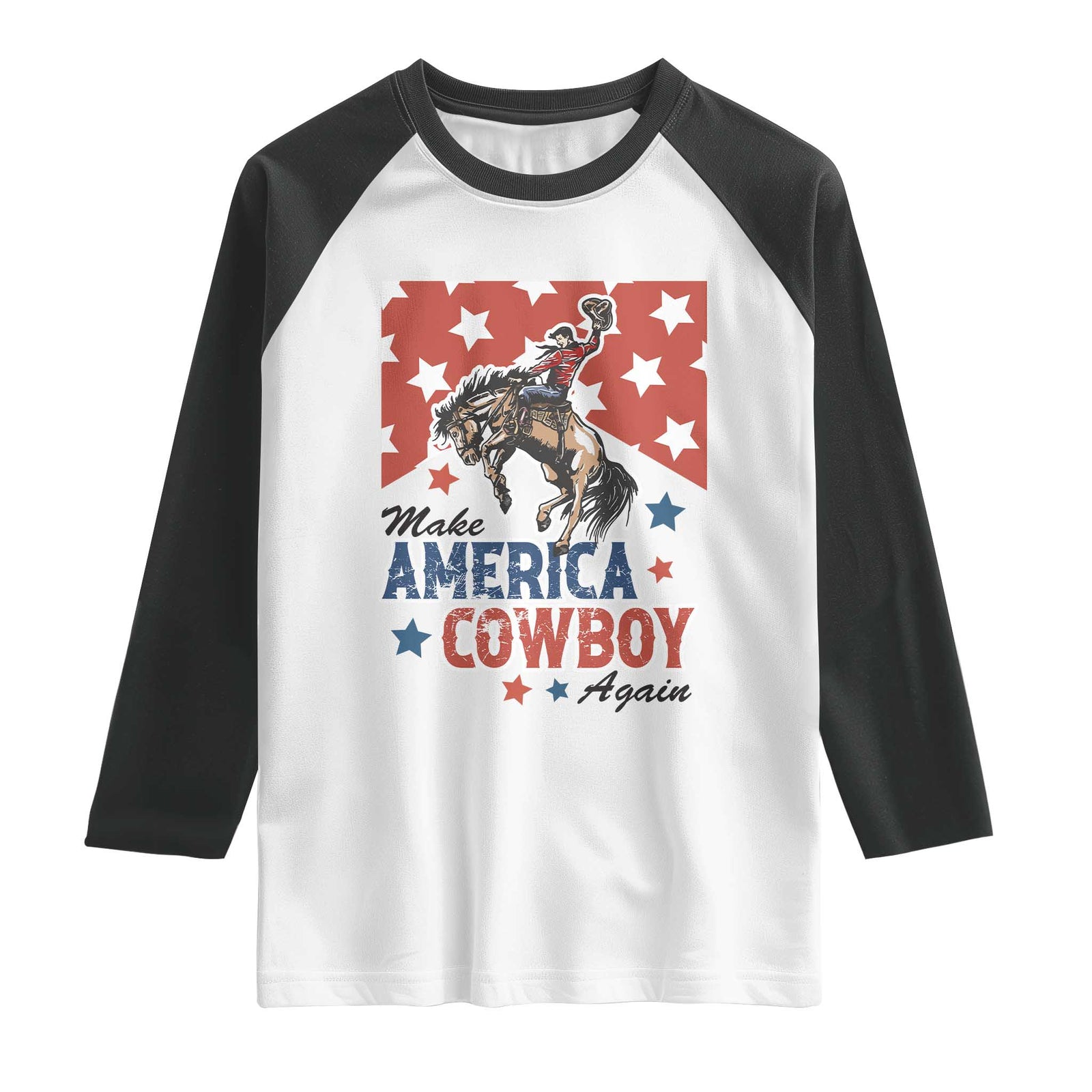 Make America Cowboy Again Patriotic Western Raglan Shirt Bucking Bronco Star Spangled USA Flag Inspired Country TS02 White Black Print Your Wear