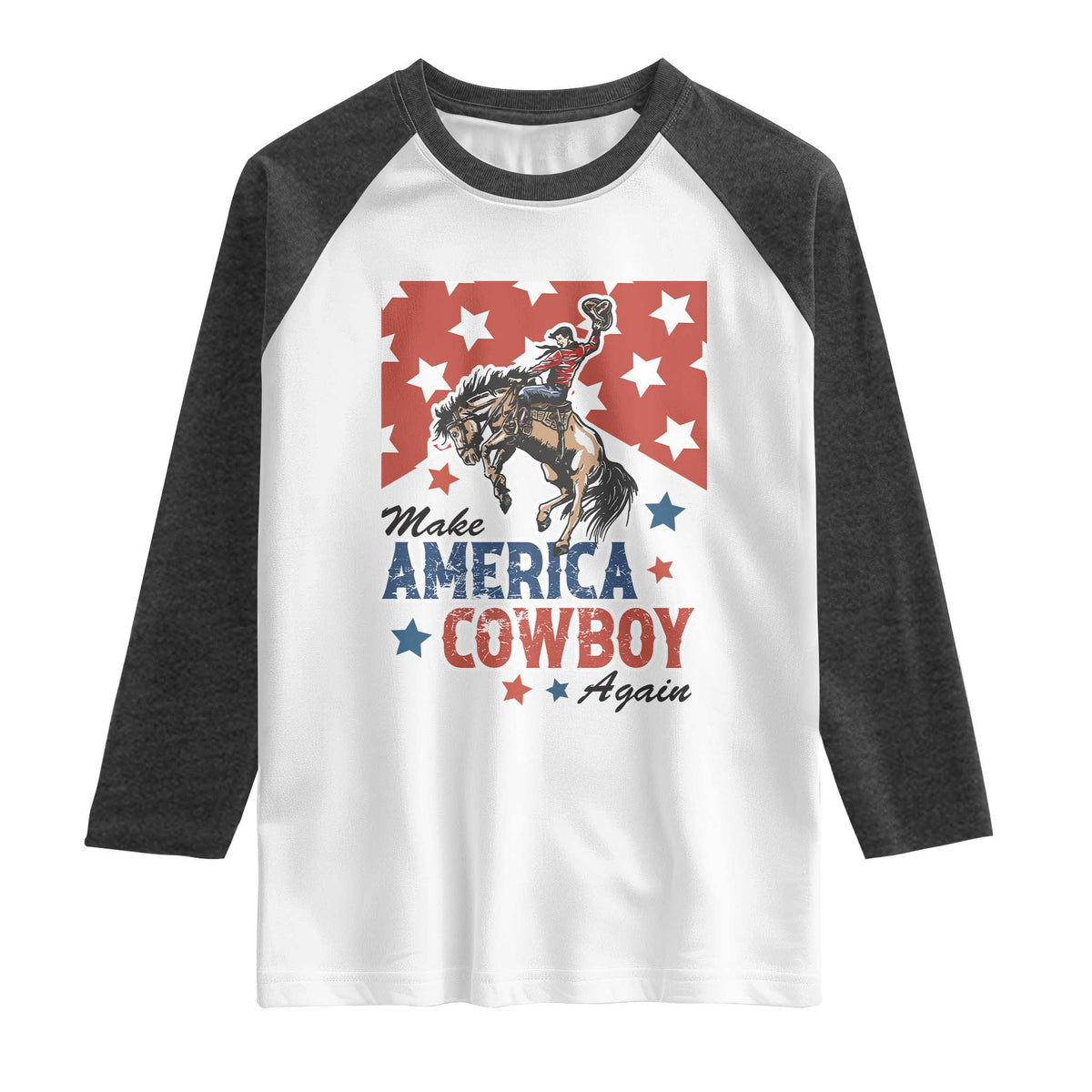 Make America Cowboy Again Patriotic Western Raglan Shirt Bucking Bronco Star Spangled USA Flag Inspired Country TS02 White Heather Charcoal Print Your Wear