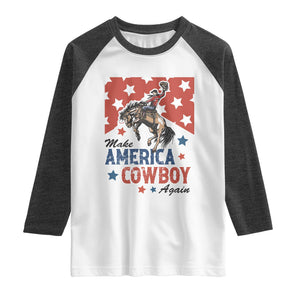 Make America Cowboy Again Patriotic Western Raglan Shirt Bucking Bronco Star Spangled USA Flag Inspired Country TS02 White Heather Charcoal Print Your Wear