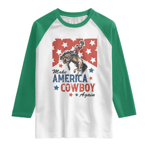 Make America Cowboy Again Patriotic Western Raglan Shirt Bucking Bronco Star Spangled USA Flag Inspired Country TS02 White Kelly Green Print Your Wear