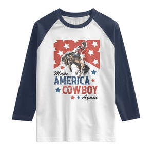 Make America Cowboy Again Patriotic Western Raglan Shirt Bucking Bronco Star Spangled USA Flag Inspired Country TS02 White Navy Print Your Wear