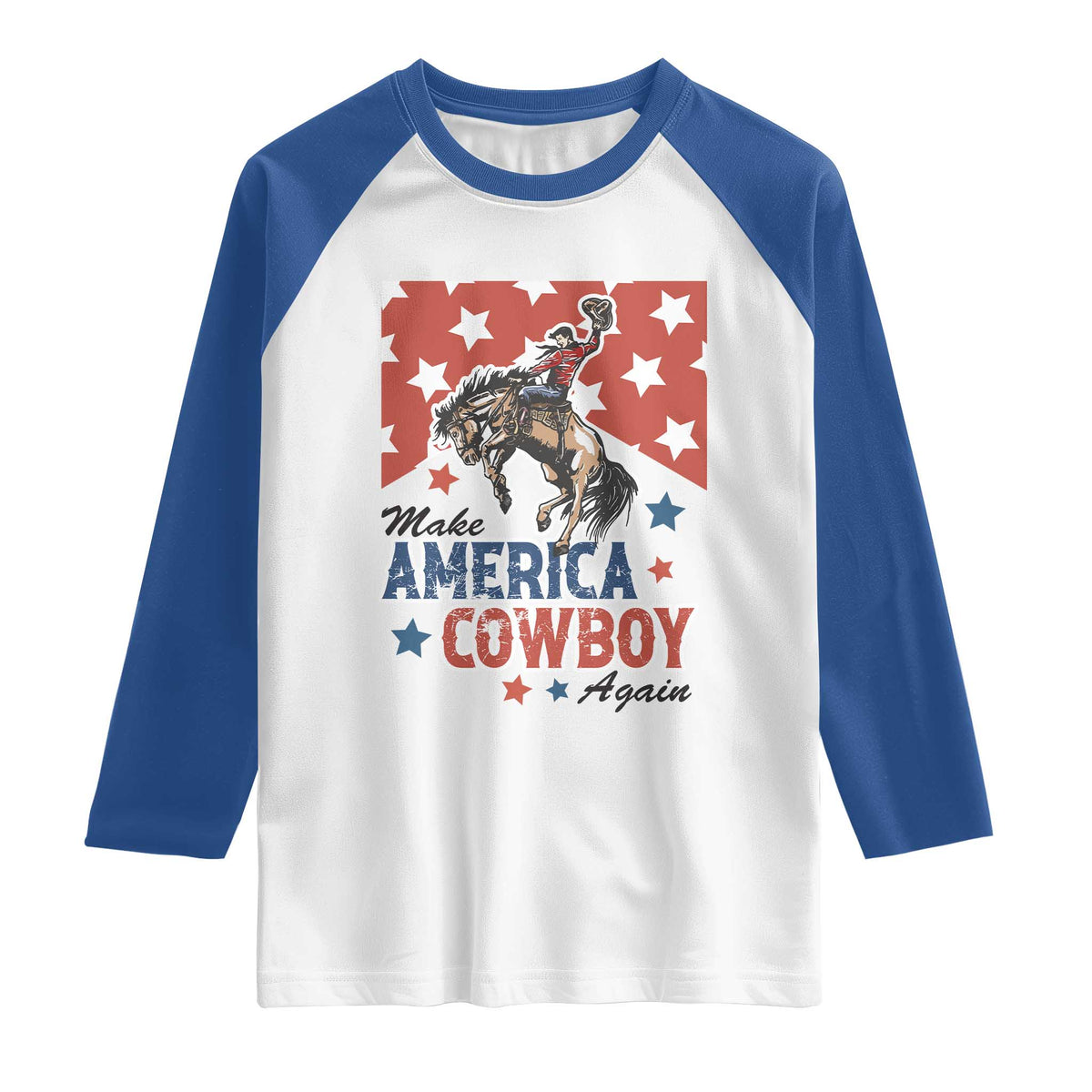 Make America Cowboy Again Patriotic Western Raglan Shirt Bucking Bronco Star Spangled USA Flag Inspired Country TS02 White Royal Print Your Wear