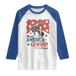 Make America Cowboy Again Patriotic Western Raglan Shirt Bucking Bronco Star Spangled USA Flag Inspired Country TS02 White Royal Print Your Wear