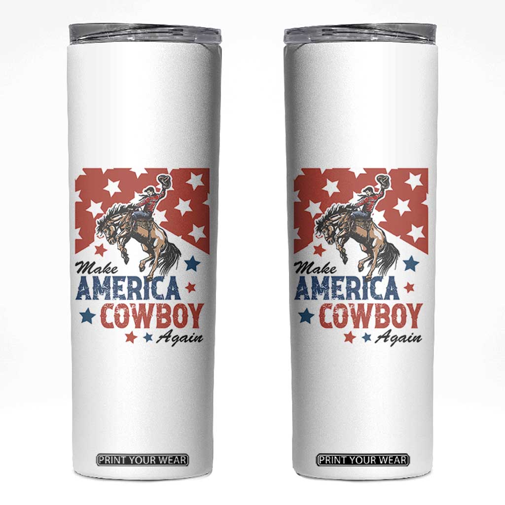 Make America Cowboy Again Patriotic Western Skinny Tumbler Bucking Bronco Star Spangled USA Flag Inspired Country TS02 White Print Your Wear