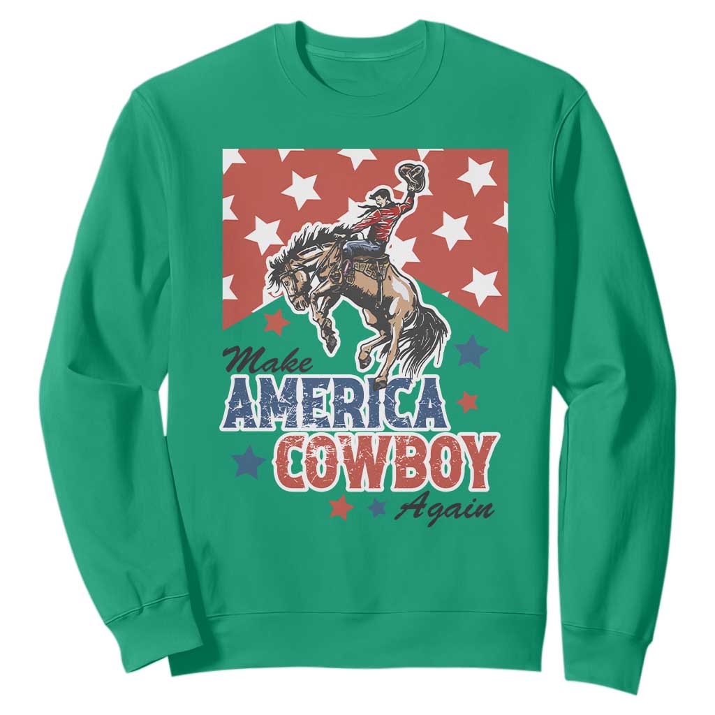 Make America Cowboy Again Patriotic Western Sweatshirt Bucking Bronco Star Spangled USA Flag Inspired Country TS02 Irish Green Print Your Wear
