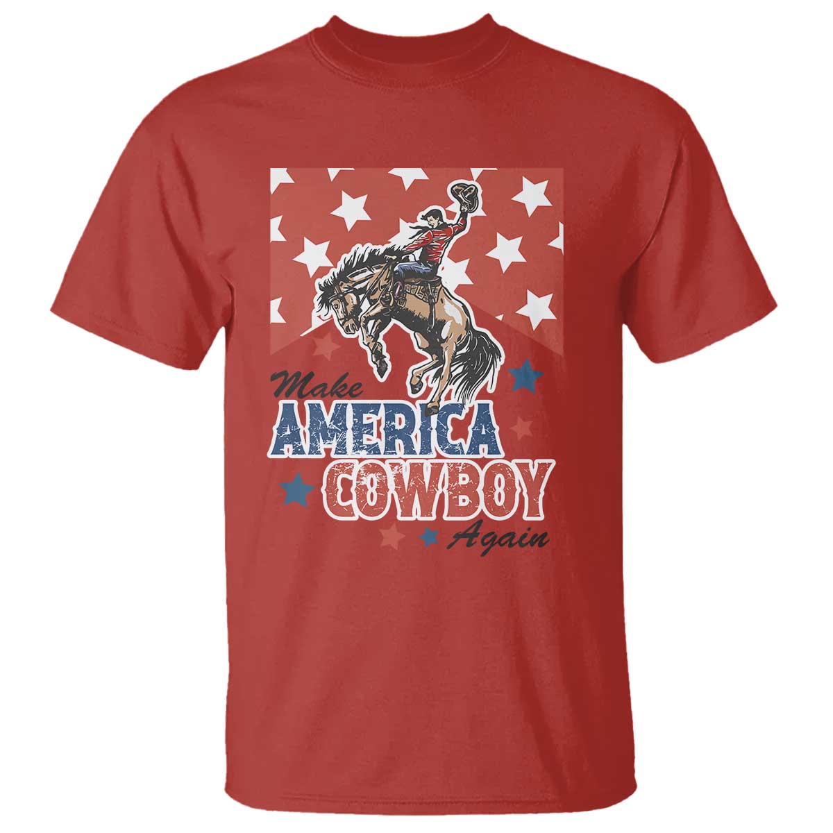 Make America Cowboy Again Patriotic Western T Shirt Bucking Bronco Star Spangled USA Flag Inspired Country TS02 Red Print Your Wear