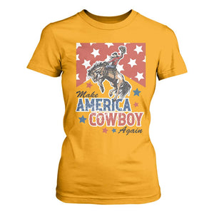 Make America Cowboy Again Patriotic Western T Shirt For Women Bucking Bronco Star Spangled USA Flag Inspired Country TS02 Gold Print Your Wear