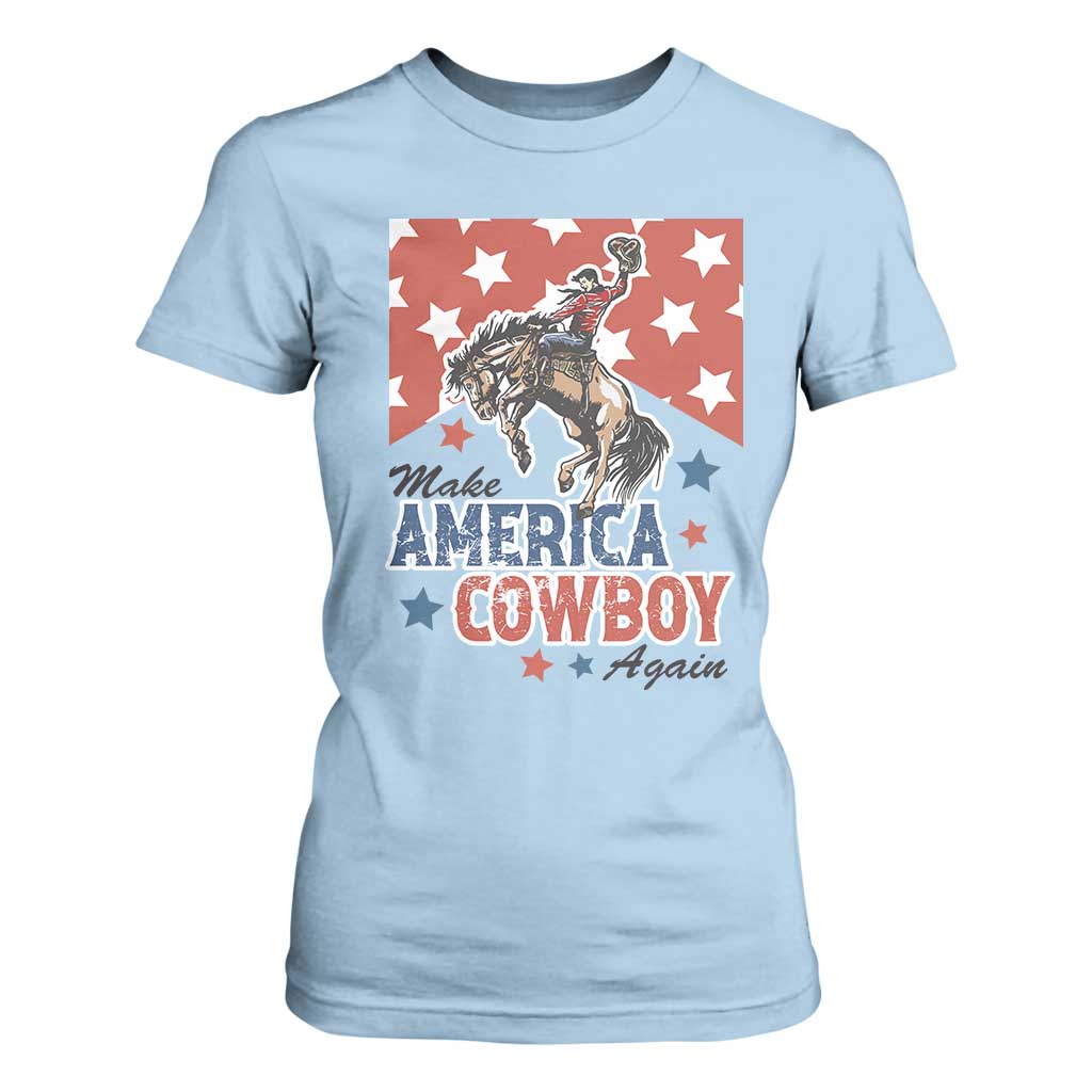 Make America Cowboy Again Patriotic Western T Shirt For Women Bucking Bronco Star Spangled USA Flag Inspired Country TS02 Light Blue Print Your Wear