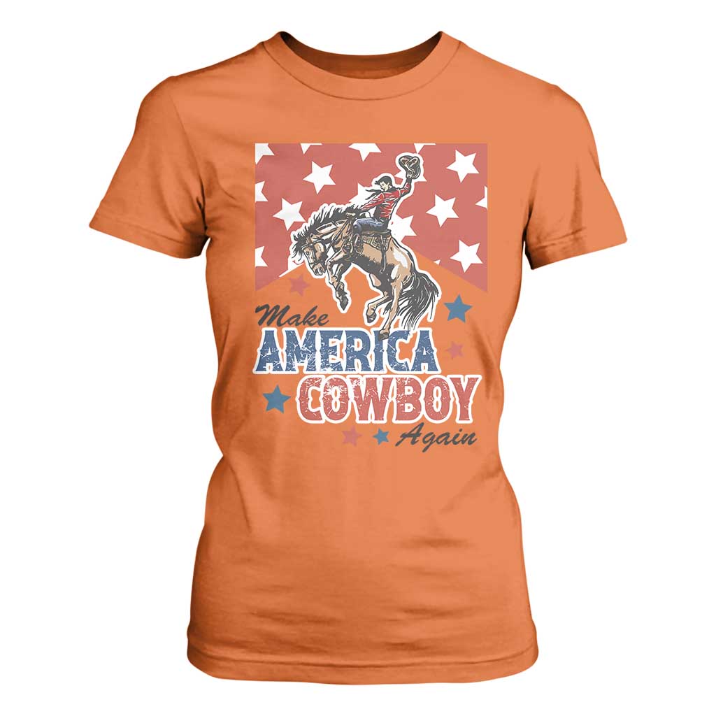 Make America Cowboy Again Patriotic Western T Shirt For Women Bucking Bronco Star Spangled USA Flag Inspired Country TS02 Orange Print Your Wear