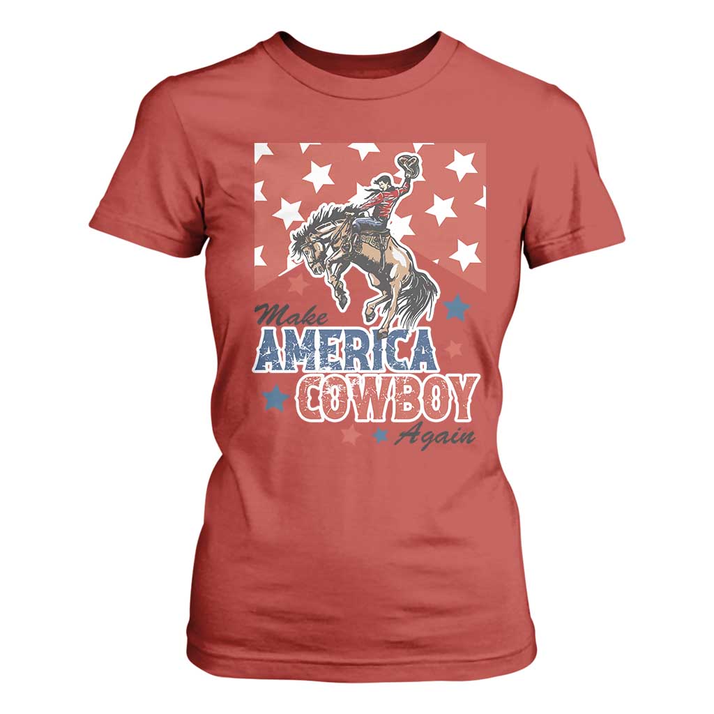 Make America Cowboy Again Patriotic Western T Shirt For Women Bucking Bronco Star Spangled USA Flag Inspired Country TS02 Red Print Your Wear