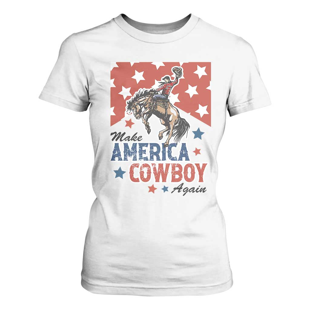 Make America Cowboy Again Patriotic Western T Shirt For Women Bucking Bronco Star Spangled USA Flag Inspired Country TS02 White Print Your Wear