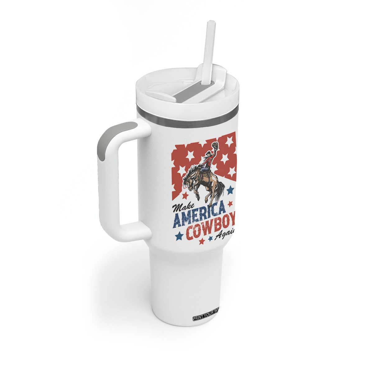 Make America Cowboy Again Patriotic Western Tumbler With Handle Bucking Bronco Star Spangled USA Flag Inspired Country TS02 Print Your Wear