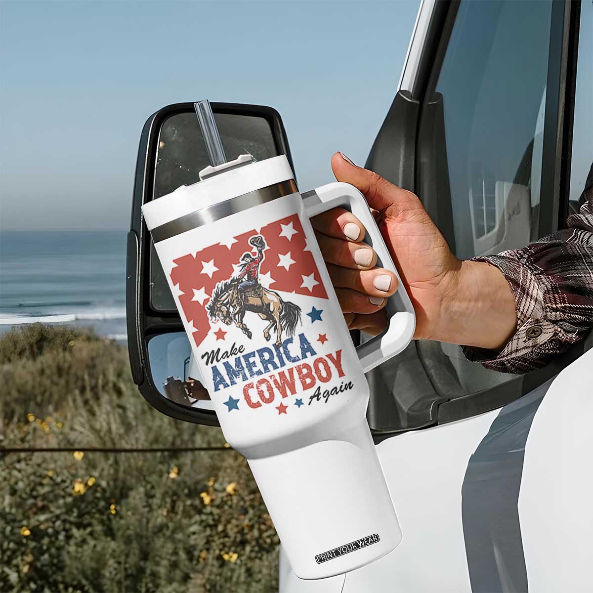 Make America Cowboy Again Patriotic Western Tumbler With Handle Bucking Bronco Star Spangled USA Flag Inspired Country TS02 Print Your Wear