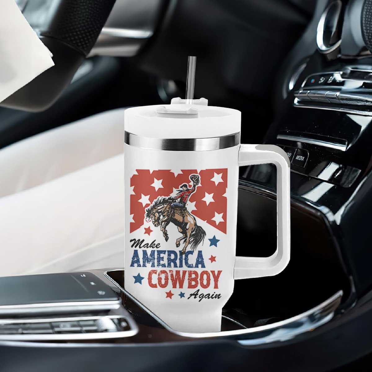 Make America Cowboy Again Patriotic Western Tumbler With Handle Bucking Bronco Star Spangled USA Flag Inspired Country TS02 Print Your Wear