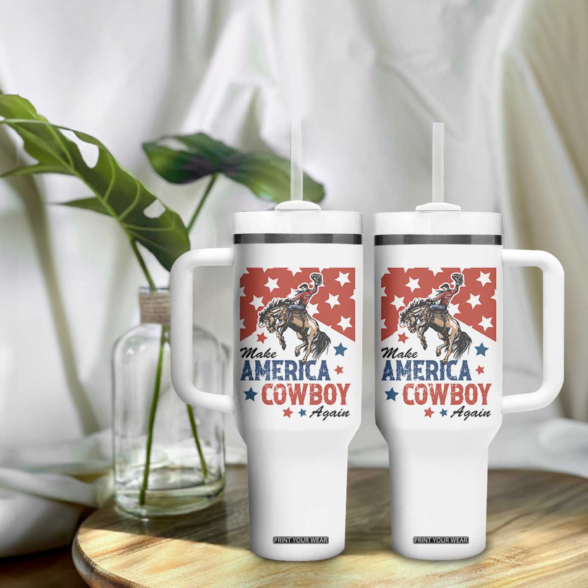 Make America Cowboy Again Patriotic Western Tumbler With Handle Bucking Bronco Star Spangled USA Flag Inspired Country TS02 Print Your Wear