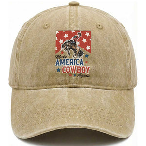 Make America Cowboy Again Patriotic Western Washed Cotton Baseball Cap Bucking Bronco Star Spangled USA Flag Inspired Country TS02 Print Your Wear