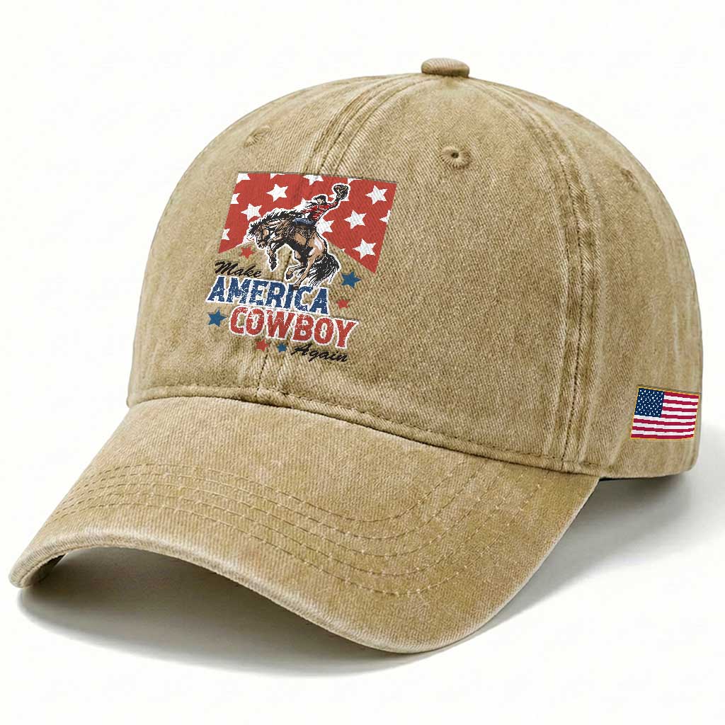 Make America Cowboy Again Patriotic Western Washed Cotton Baseball Cap Bucking Bronco Star Spangled USA Flag Inspired Country TS02 Print Your Wear