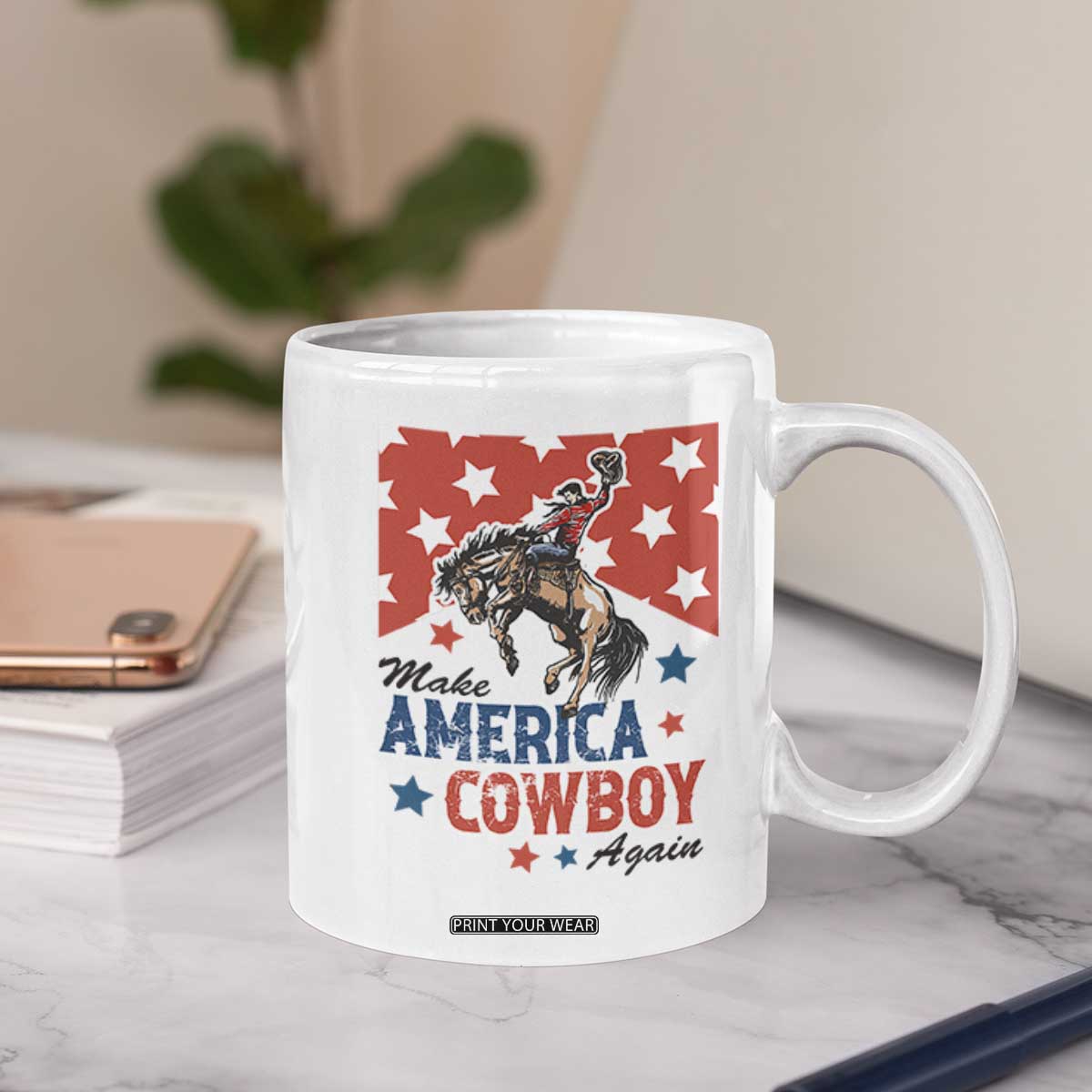 Make America Cowboy Again Patriotic Western Coffee Mug Bucking Bronco Star Spangled USA Flag Inspired Country TS02 Print Your Wear
