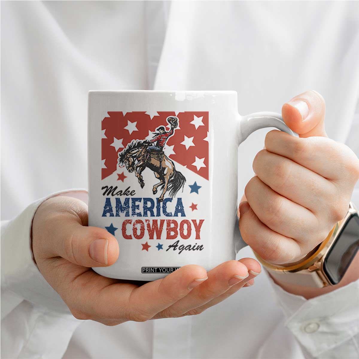 Make America Cowboy Again Patriotic Western Coffee Mug Bucking Bronco Star Spangled USA Flag Inspired Country TS02 Print Your Wear