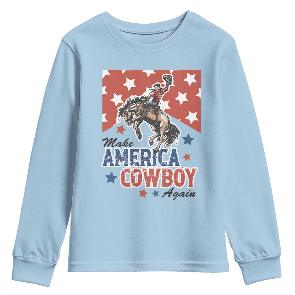 Make America Cowboy Again Patriotic Western Youth Sweatshirt Bucking Bronco Star Spangled USA Flag Inspired Country TS02 Light Blue Print Your Wear