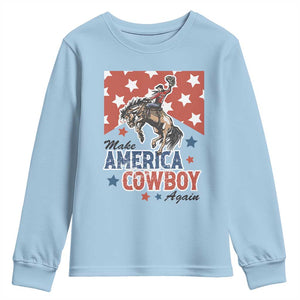 Make America Cowboy Again Patriotic Western Youth Sweatshirt Bucking Bronco Star Spangled USA Flag Inspired Country TS02 Light Blue Print Your Wear