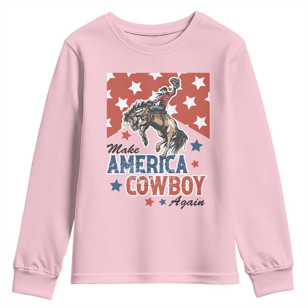 Make America Cowboy Again Patriotic Western Youth Sweatshirt Bucking Bronco Star Spangled USA Flag Inspired Country TS02 Light Pink Print Your Wear