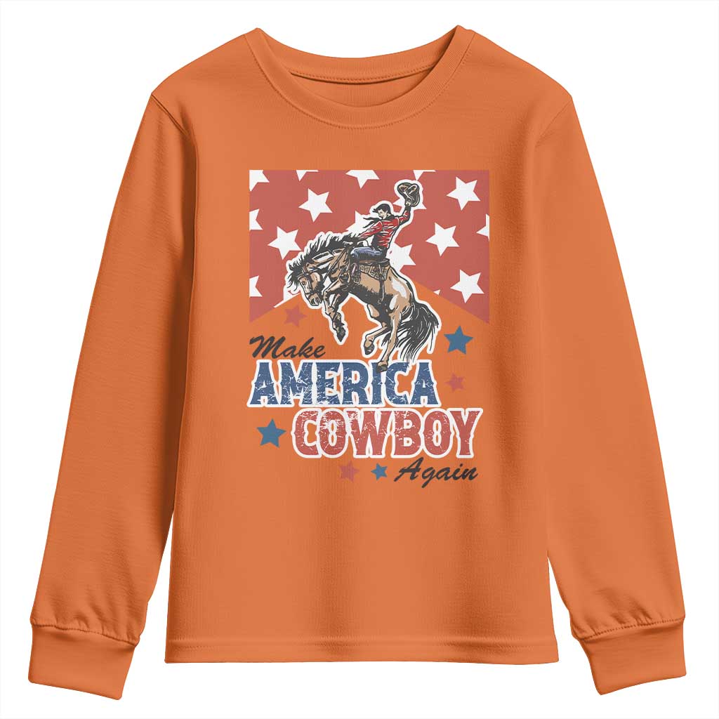 Make America Cowboy Again Patriotic Western Youth Sweatshirt Bucking Bronco Star Spangled USA Flag Inspired Country TS02 Orange Print Your Wear