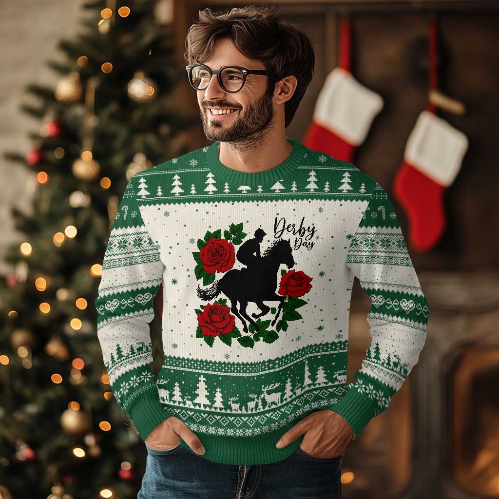 Vintage Jockey and Roses Horse Racing Graphic Ugly Christmas Sweater Classic Derby Day Fan TS02 Beige Green Print Your Wear