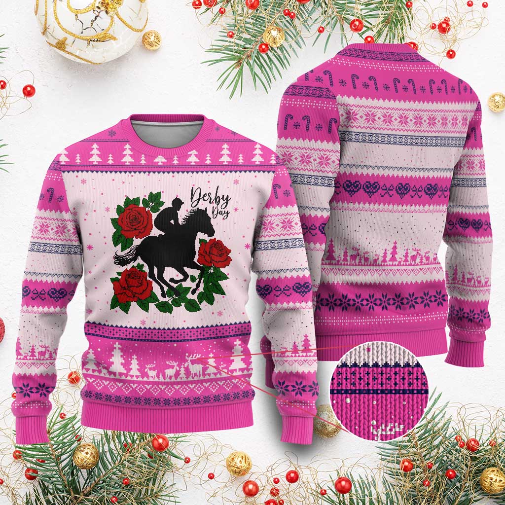 Vintage Jockey and Roses Horse Racing Graphic Ugly Christmas Sweater Classic Derby Day Fan TS02 Hot Pink Print Your Wear