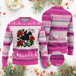 Vintage Jockey and Roses Horse Racing Graphic Ugly Christmas Sweater Classic Derby Day Fan TS02 Hot Pink Print Your Wear