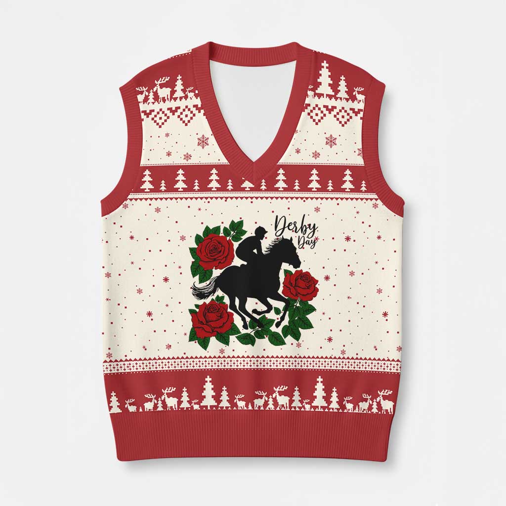 Vintage Jockey and Roses Horse Racing Graphic V-Neck Knit Sweater Vest Classic Derby Day Fan TS02 Beige Red Print Your Wear