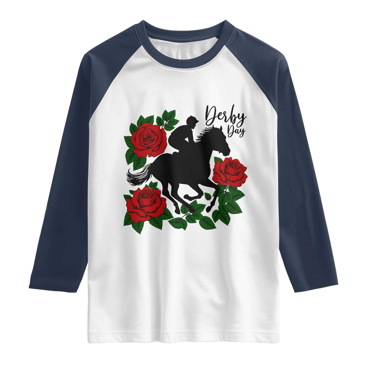 Vintage Jockey and Roses Horse Racing Graphic Raglan Shirt Classic Derby Day Fan TS02 White Navy Print Your Wear