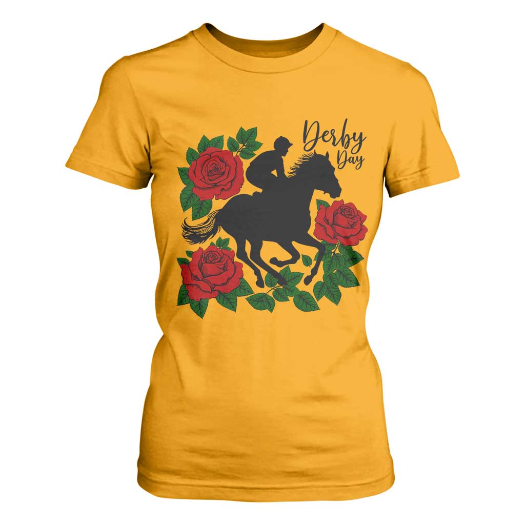 Vintage Jockey and Roses Horse Racing Graphic T Shirt For Women Classic Derby Day Fan TS02 Gold Print Your Wear