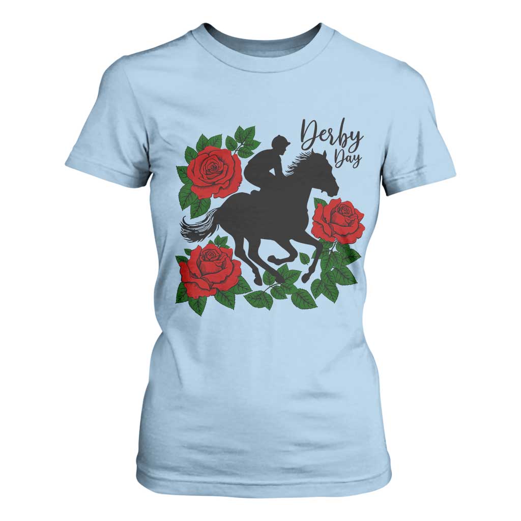 Vintage Jockey and Roses Horse Racing Graphic T Shirt For Women Classic Derby Day Fan TS02 Light Blue Print Your Wear