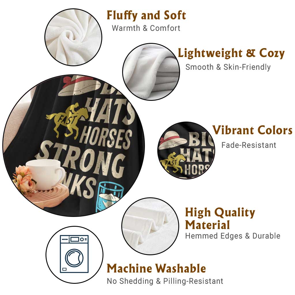 Big Hats Fast Horses Strong Drinks Retro Throw Blanket Southern Derby Day Watch Party Graphic TS02 Print Your Wear
