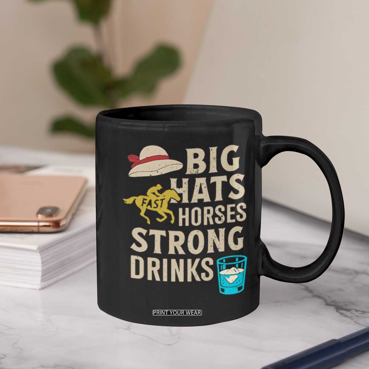 Big Hats Fast Horses Strong Drinks Retro Coffee Mug Southern Derby Day Watch Party Graphic TS02 Print Your Wear