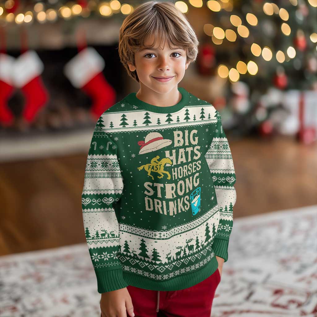 Big Hats Fast Horses Strong Drinks Retro Ugly Christmas Sweater Southern Derby Day Watch Party Graphic TS02 Forest Green Beige Print Your Wear